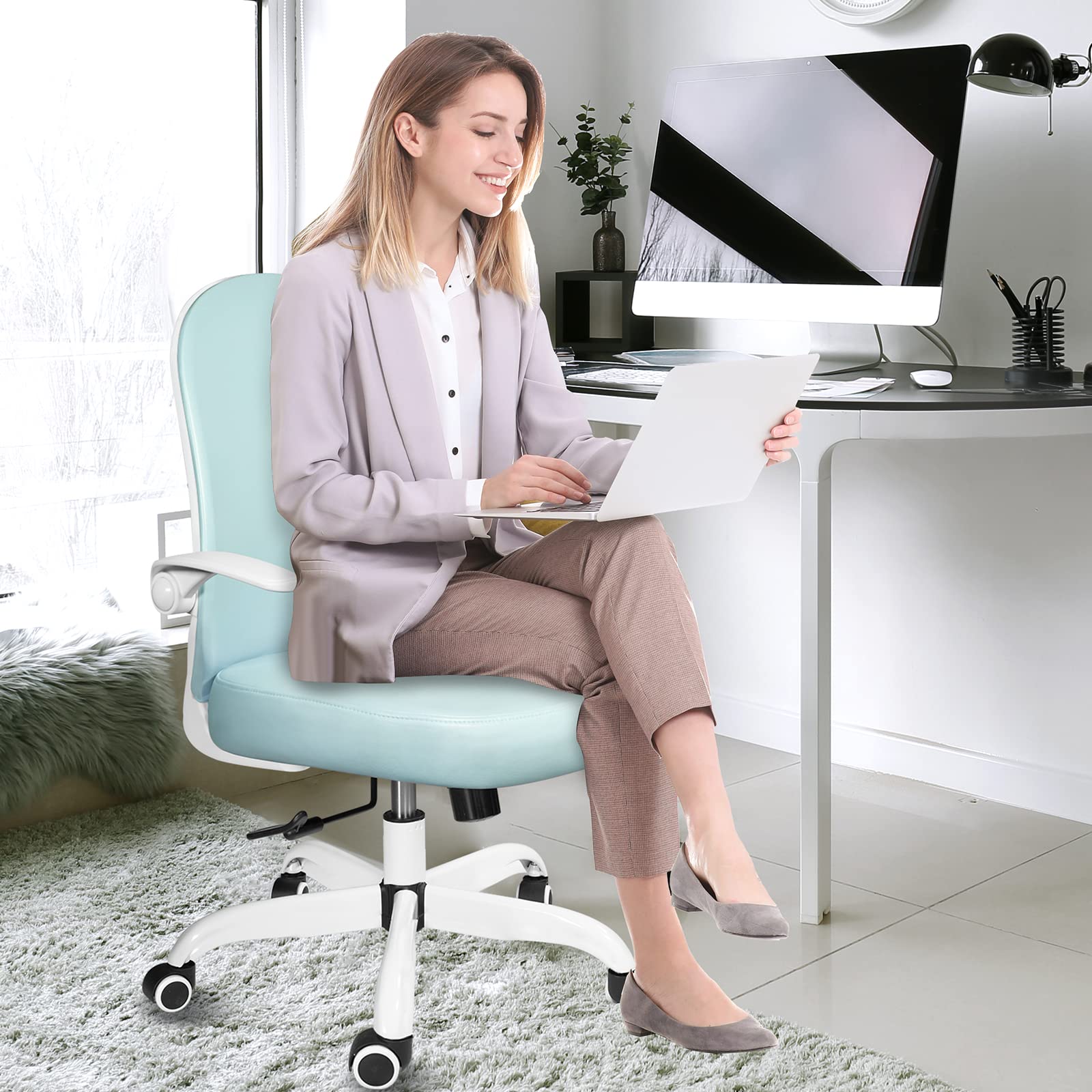 Ollega Desk Chairs with Wheels and Arms, Blue Office Chair for Small Space, Ergonomic Leather Office Chair Adjustable Height and Swivel Lumbar Support, Small Desk Chair with Flip Up Armrests