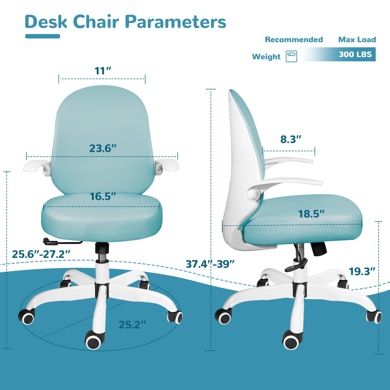 Ollega Desk Chairs with Wheels and Arms, Blue Office Chair for Small Space, Ergonomic Leather Office Chair Adjustable Height and Swivel Lumbar Support, Small Desk Chair with Flip Up Armrests