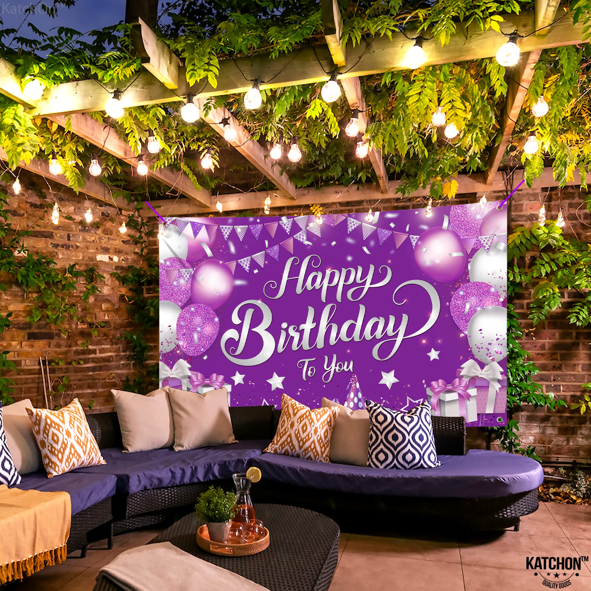 KatchOn, Purple Happy Birthday Banner - XtraLarge, 72x44 Inch | Purple Happy Birthday Banner Decor | Birthday Banner Purple for Happy Birthday Decorations | Happy Birthday Purple Banner Decorations