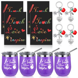 12 Pcs Teacher Appreciation Week Gifts in Bulk for Women, Teach Love Inspire Tumbler Set 12 oz Wine Cup with Mini Journal Notepads Keychains Teachers Day Gifts Graduation Retirement Gifts(Purple)