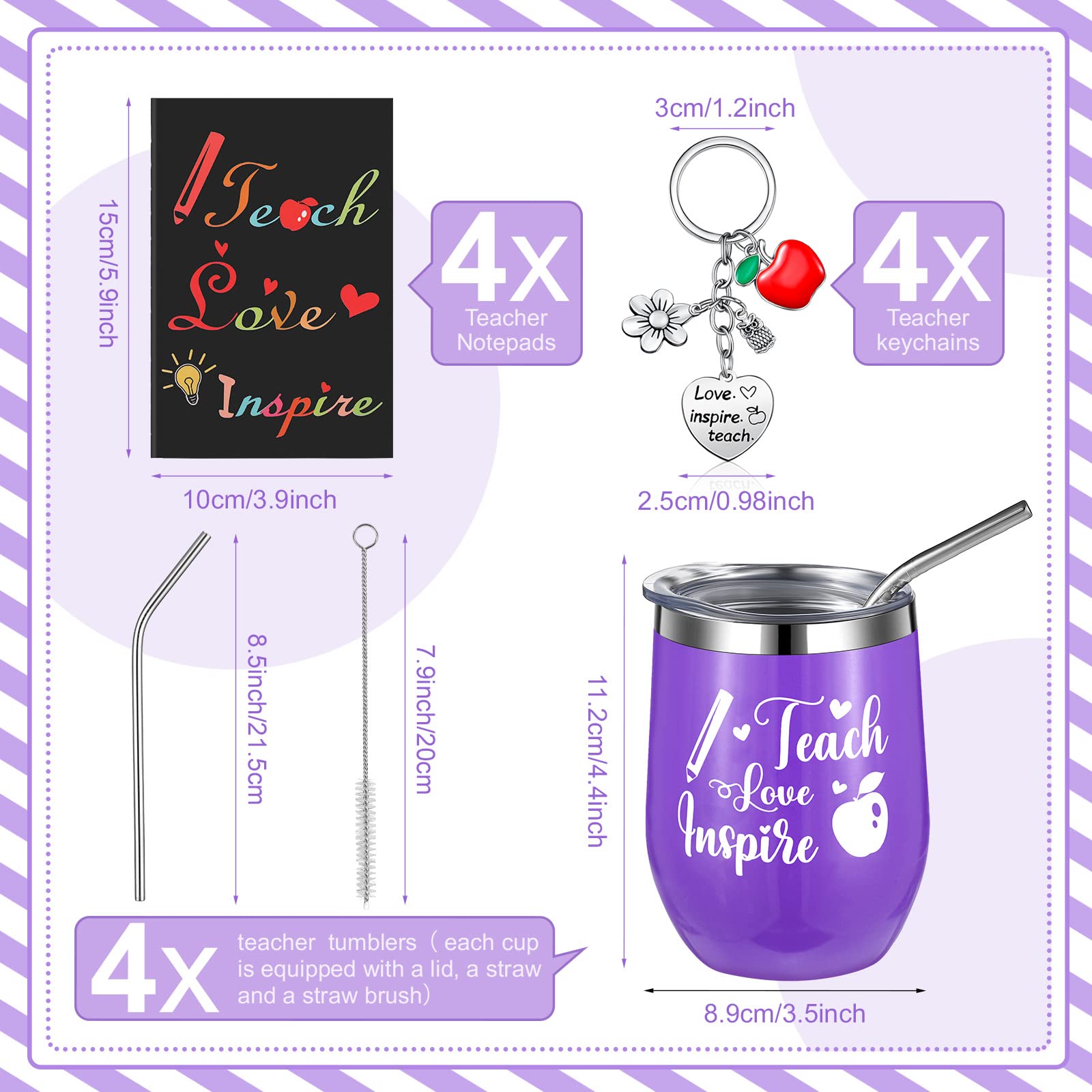 12 Pcs Teacher Appreciation Week Gifts in Bulk for Women, Teach Love Inspire Tumbler Set 12 oz Wine Cup with Mini Journal Notepads Keychains Teachers Day Gifts Graduation Retirement Gifts(Purple)