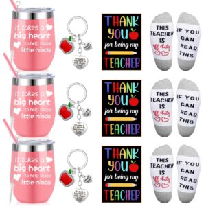 didaey teacher appreciation gifts for women 12 oz pink wine tumbler with lid straw teacher keychains teacher off duty socks teacher appreciation cards(stylish style)
