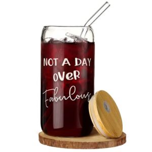 birthday gifts for women - not a day over fabulous - funny gift for best friend sister wife coworker girlfriend teacher female - mothers day gift for mom - glass coffee cups with lids and straws 16 oz