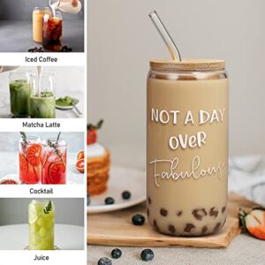 Birthday Gifts for Women - Not A Day Over Fabulous - Funny Gift for Best Friend Sister Wife Coworker Girlfriend Teacher Female - Mothers Day Gift for Mom - Glass Coffee Cups with Lids and Straws 16 Oz