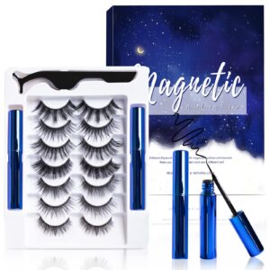 magnetic eyelashes and eyeliner kit, premium magnetic lashes 3d natural look with eyeliner and tweezers, lightweight & sweatproof false eyelashes no glue needed, easy to wear and reusable (7 pairs)
