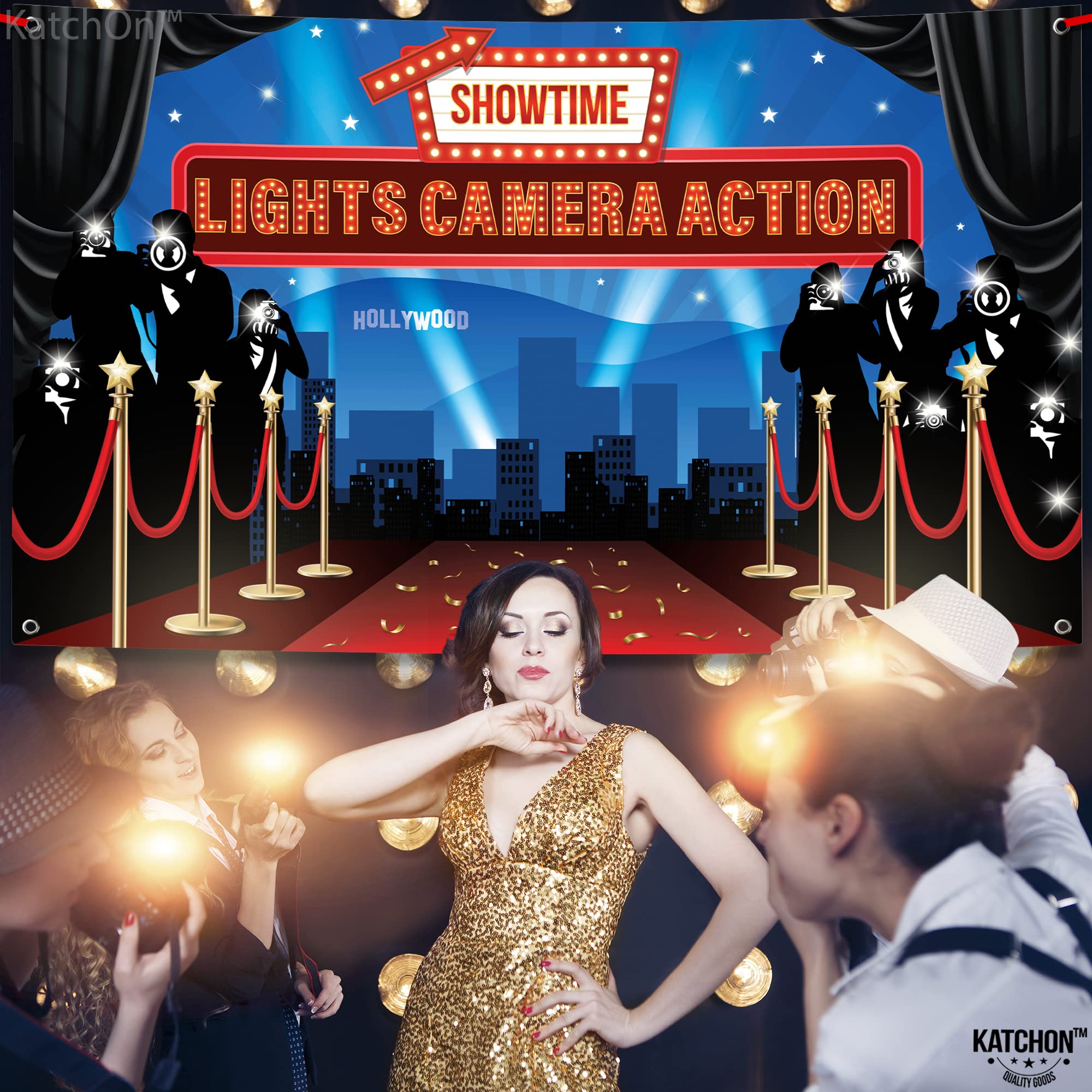 KatchOn, Large Lights Camera Action Backdrop - 72x44 Inch | Lights Camera Action Decorations | Hollywood Theme Party Decorations | Hollywood Backdrop for Oscar Party Decorations | Red Carpet Backdrop