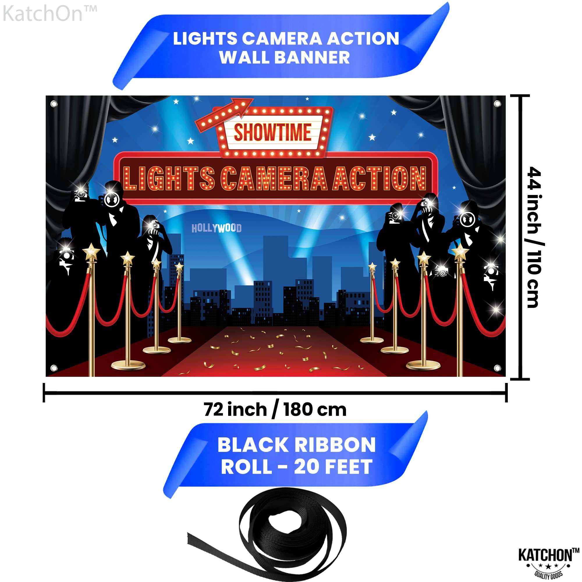 KatchOn, Large Lights Camera Action Backdrop - 72x44 Inch | Lights Camera Action Decorations | Hollywood Theme Party Decorations | Hollywood Backdrop for Oscar Party Decorations | Red Carpet Backdrop