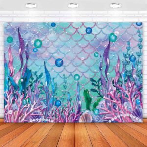 sensfun under the sea baby shower backdrop purple blue seaweed glitter scales underwater photography backgrpund mermaid birthday decorations party cake table banner photoshoot vinyl prop 7x5ft