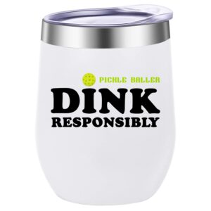 kaira dink responsibly 12 oz insulated wine tumbler cup with lid - vacuum stainless steel coffee mug stemless cup- funny birthday gifts idea for women girl men (white)