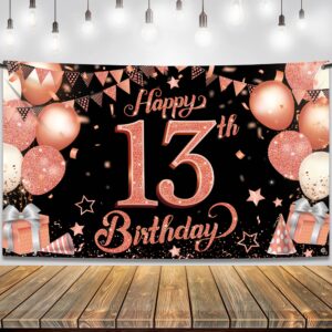 katchon rose gold happy 13th birthday banner - xtralarge, 72x44 inch | rose gold and black happy 13th birthday decorations for girls | official teenager banner, 13 year old birthday supplies