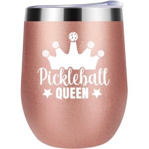 kaira pickleball queen 12 oz insulated wine tumbler cup with lid - rose gold vacuum stainless steel coffee mug stemless cup- pickleball gifts for women, pickleball accessories