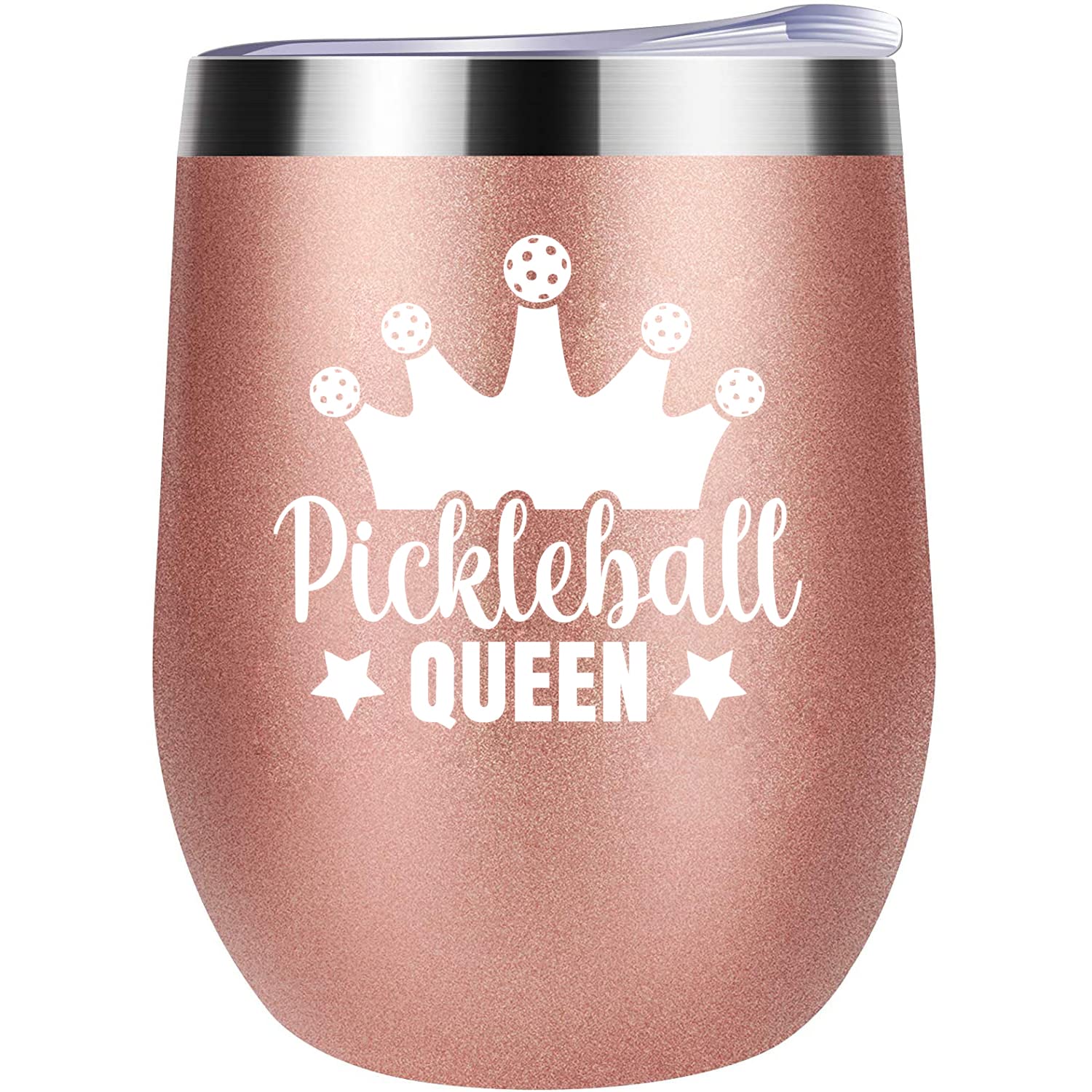 KAIRA Pickleball Queen 12 oz Insulated Wine Tumbler Cup with Lid - Rose Gold Vacuum Stainless Steel Coffee Mug Stemless Cup- Pickleball Gifts for Women, Pickleball Accessories