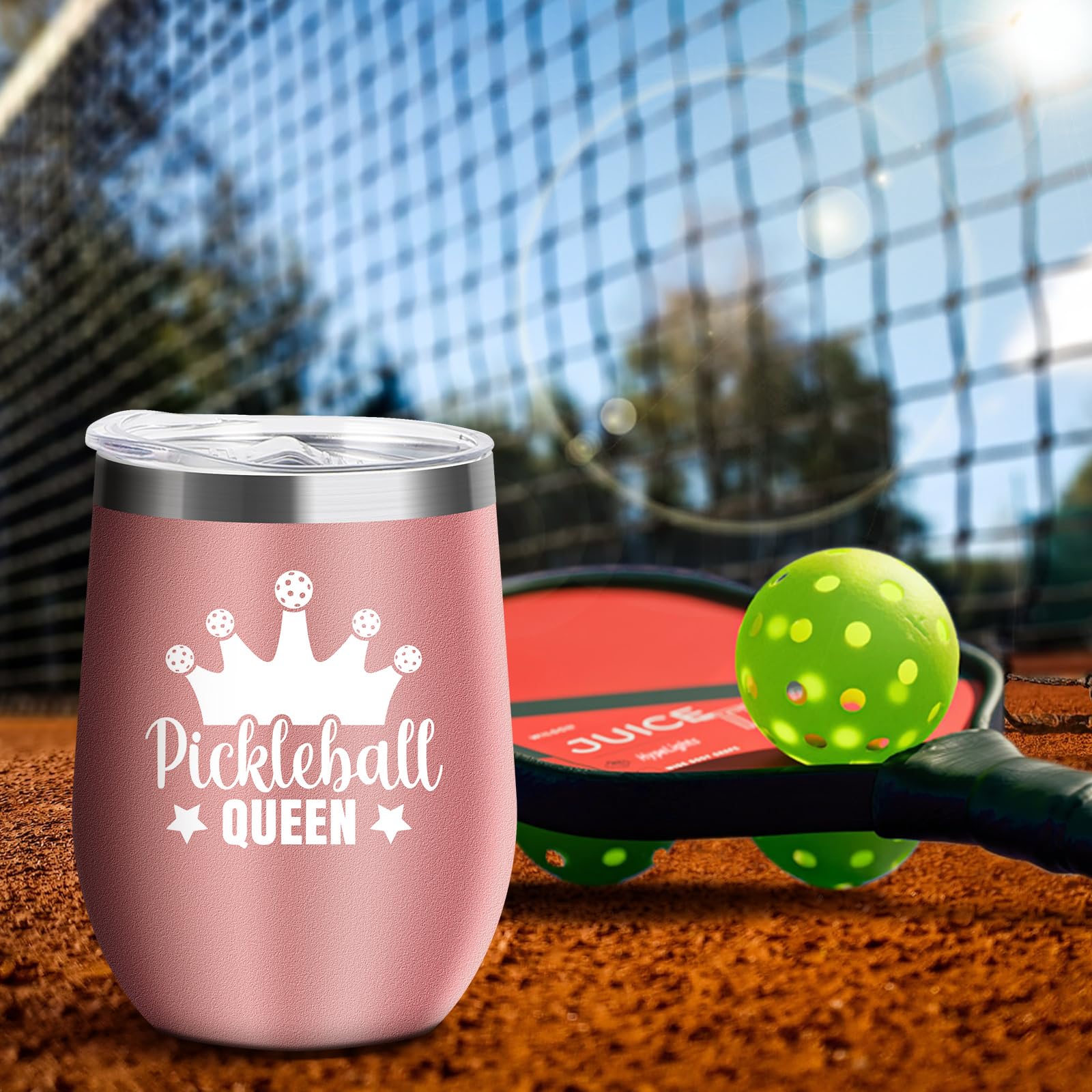 KAIRA Pickleball Queen 12 oz Insulated Wine Tumbler Cup with Lid - Rose Gold Vacuum Stainless Steel Coffee Mug Stemless Cup- Pickleball Gifts for Women, Pickleball Accessories