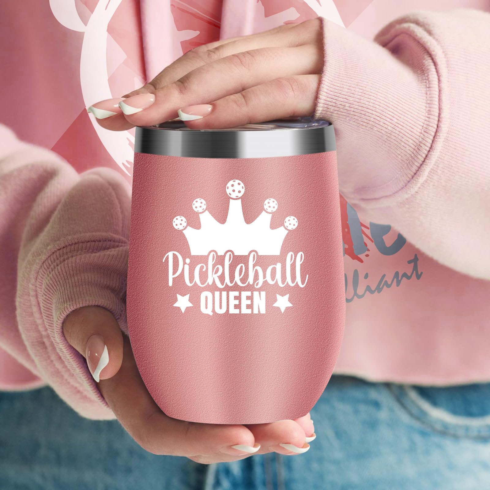 KAIRA Pickleball Queen 12 oz Insulated Wine Tumbler Cup with Lid - Rose Gold Vacuum Stainless Steel Coffee Mug Stemless Cup- Pickleball Gifts for Women, Pickleball Accessories