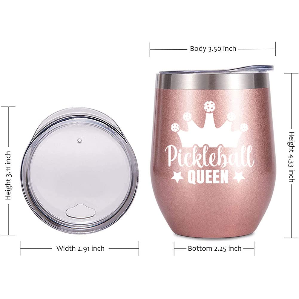 KAIRA Pickleball Queen 12 oz Insulated Wine Tumbler Cup with Lid - Rose Gold Vacuum Stainless Steel Coffee Mug Stemless Cup- Pickleball Gifts for Women, Pickleball Accessories