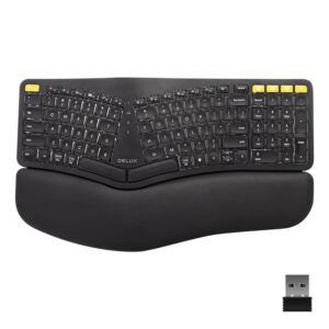 delux upgraded ergonomic wireless ergo split keyboard with backlit, 2.4g and bluetooth, scissor switch and palm rest for natural typing, compatible with windows and mac os (gm902pro-black)