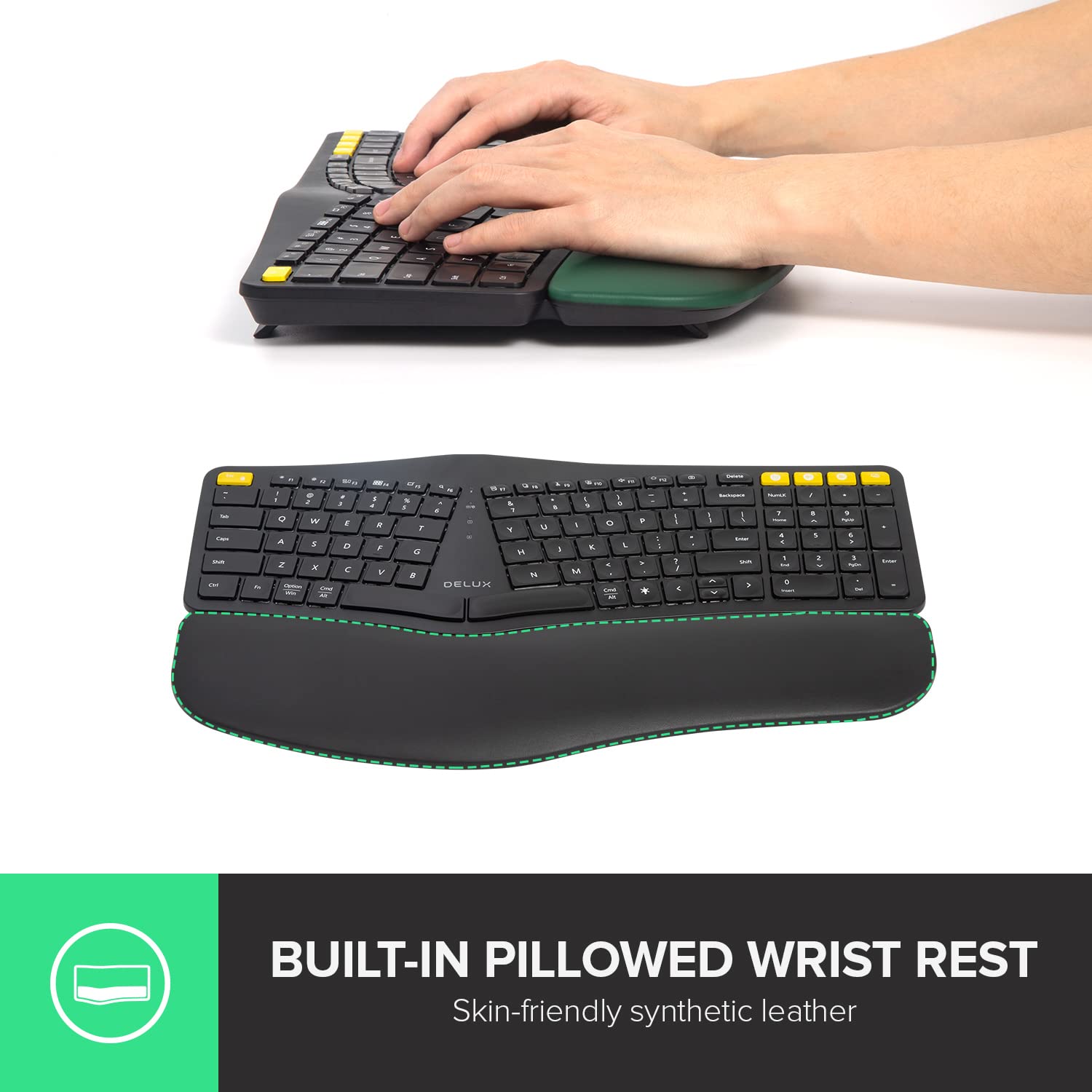 DeLUX Upgraded Ergonomic Wireless Ergo Split Keyboard with Backlit, 2.4G and Bluetooth, Scissor Switch and Palm Rest for Natural Typing, Compatible with Windows and Mac OS (GM902Pro-Black)