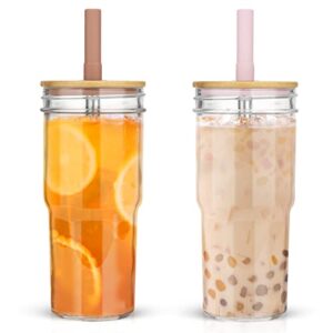 zukro 24 oz glass tumbler with bamboo lid and straw 2 pack, mason jar drinking glasses, bubble tea cup, wide mouth glass bottle for smoothie, iced coffee, juice, water, bpa free, dishwasher safe
