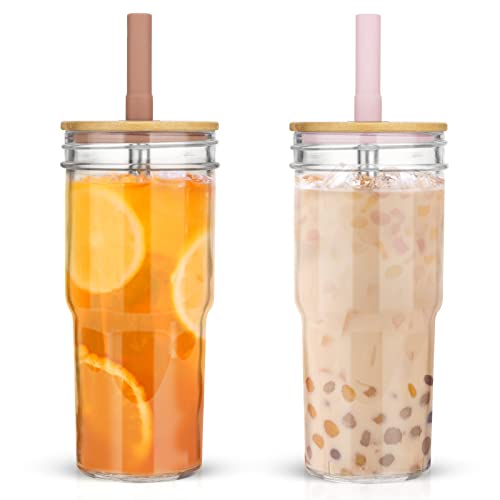 Zukro 24 oz Glass Tumbler with Bamboo Lid and Straw 2 Pack, Mason Jar Drinking Glasses, Bubble Tea Cup, Wide Mouth Glass Bottle for Smoothie, Iced Coffee, Juice, Water, BPA Free, Dishwasher Safe