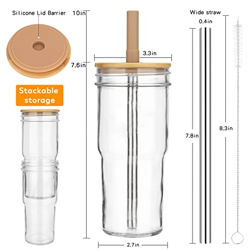 Zukro 24 oz Glass Tumbler with Bamboo Lid and Straw 2 Pack, Mason Jar Drinking Glasses, Bubble Tea Cup, Wide Mouth Glass Bottle for Smoothie, Iced Coffee, Juice, Water, BPA Free, Dishwasher Safe