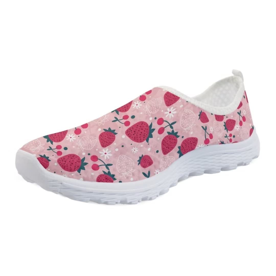 Pinupub Strawberry Print Pink Sneakers Cute Comfortable Casual Sport Tennis Training Shoes for Women Girls