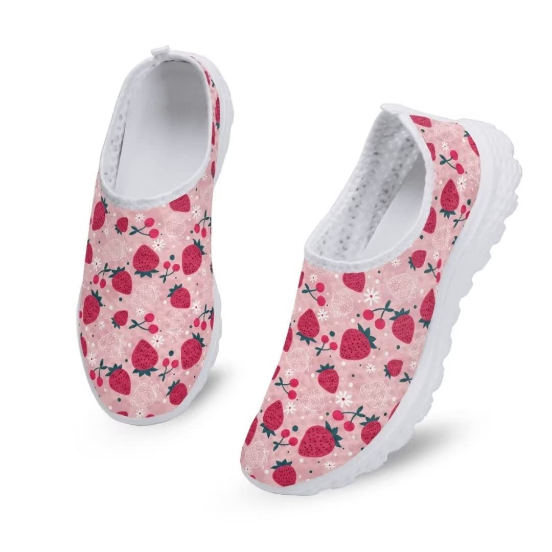 Pinupub Strawberry Print Pink Sneakers Cute Comfortable Casual Sport Tennis Training Shoes for Women Girls