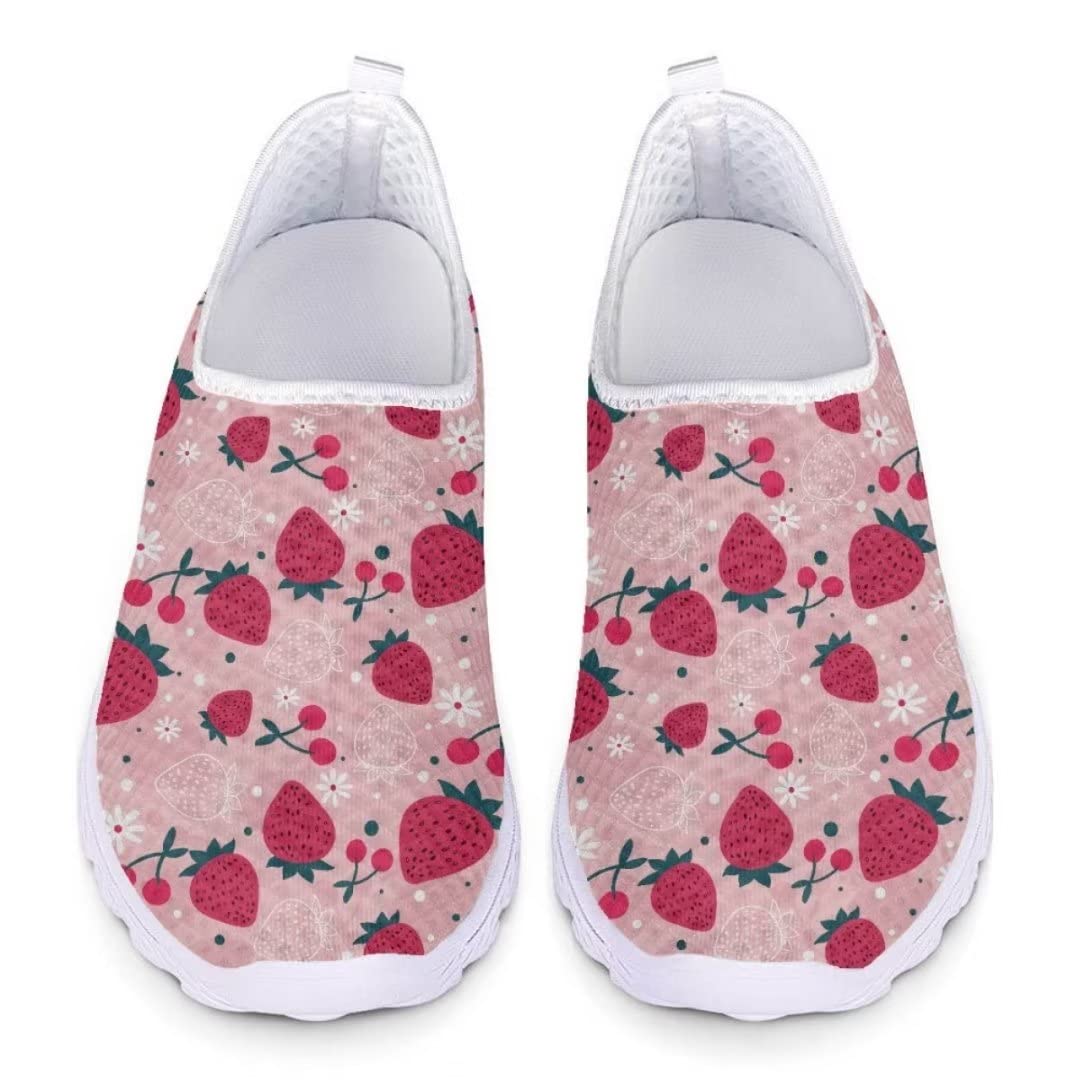 Pinupub Strawberry Print Pink Sneakers Cute Comfortable Casual Sport Tennis Training Shoes for Women Girls