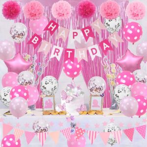 pink birthday party decorations, light pink and white decorations with happy birthday banner, tissue pom pom flowers, pink foil fringe curtain, happy birthday party supplies for girls women kids