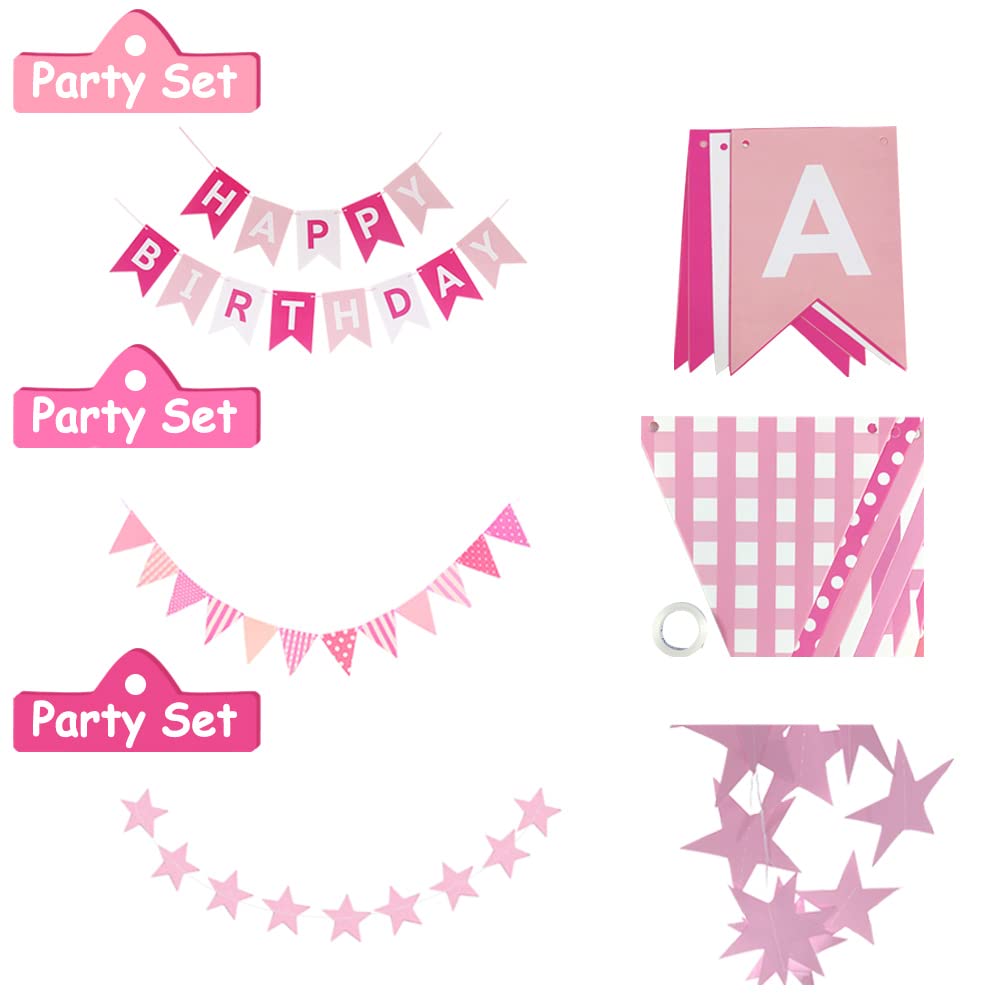 Pink Birthday Party Decorations, Light Pink and White Decorations with Happy Birthday Banner, Tissue Pom Pom Flowers, Pink Foil Fringe Curtain, Happy Birthday Party Supplies for Girls Women Kids