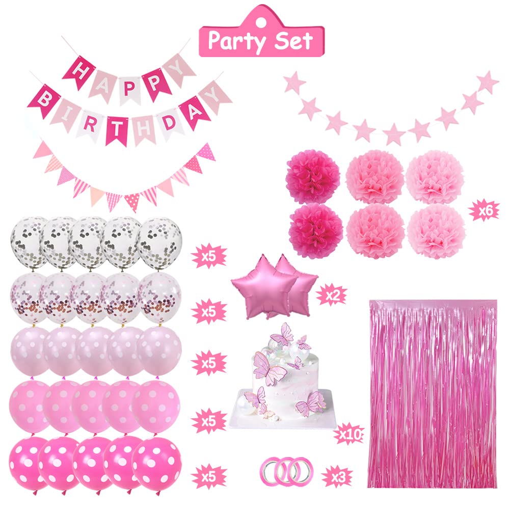 Pink Birthday Party Decorations, Light Pink and White Decorations with Happy Birthday Banner, Tissue Pom Pom Flowers, Pink Foil Fringe Curtain, Happy Birthday Party Supplies for Girls Women Kids