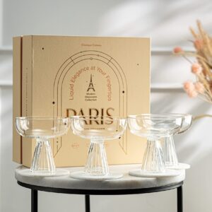 Paris Coupe Cocktail and Champagne Glasses for Daiquiri, Sidecar, Gimlet and Classic Bar Drinks | Modern Glassware Collection | Set of 4 | 8 oz Extra Light Contemporary Borosilicate Saucers