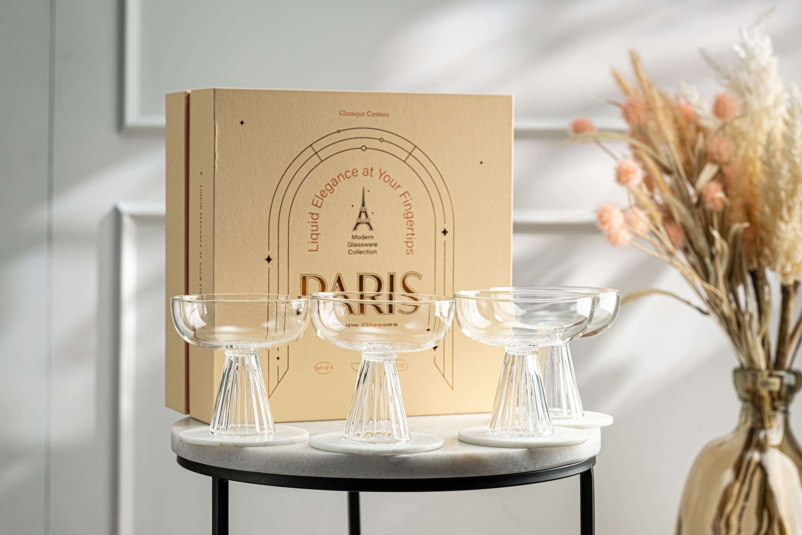 Paris Coupe Cocktail and Champagne Glasses for Daiquiri, Sidecar, Gimlet and Classic Bar Drinks | Modern Glassware Collection | Set of 4 | 8 oz Extra Light Contemporary Borosilicate Saucers