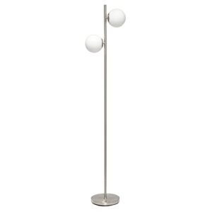 simple designs lf1044-bsn 66" tall mid century modern standing tree floor lamp w dual white glass globe shade for study, living room, bedroom, entryway, brushed nickel