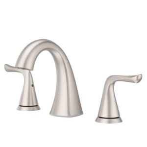 pfister willa bathroom sink faucet, 8-inch widespread, 2-handle, 3-hole, spot defense brushed nickel finish, lf049malgs