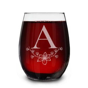 floral monogram engraved initial letter stemless wine glass 15 oz. personalized monogrammed custom gift (a)