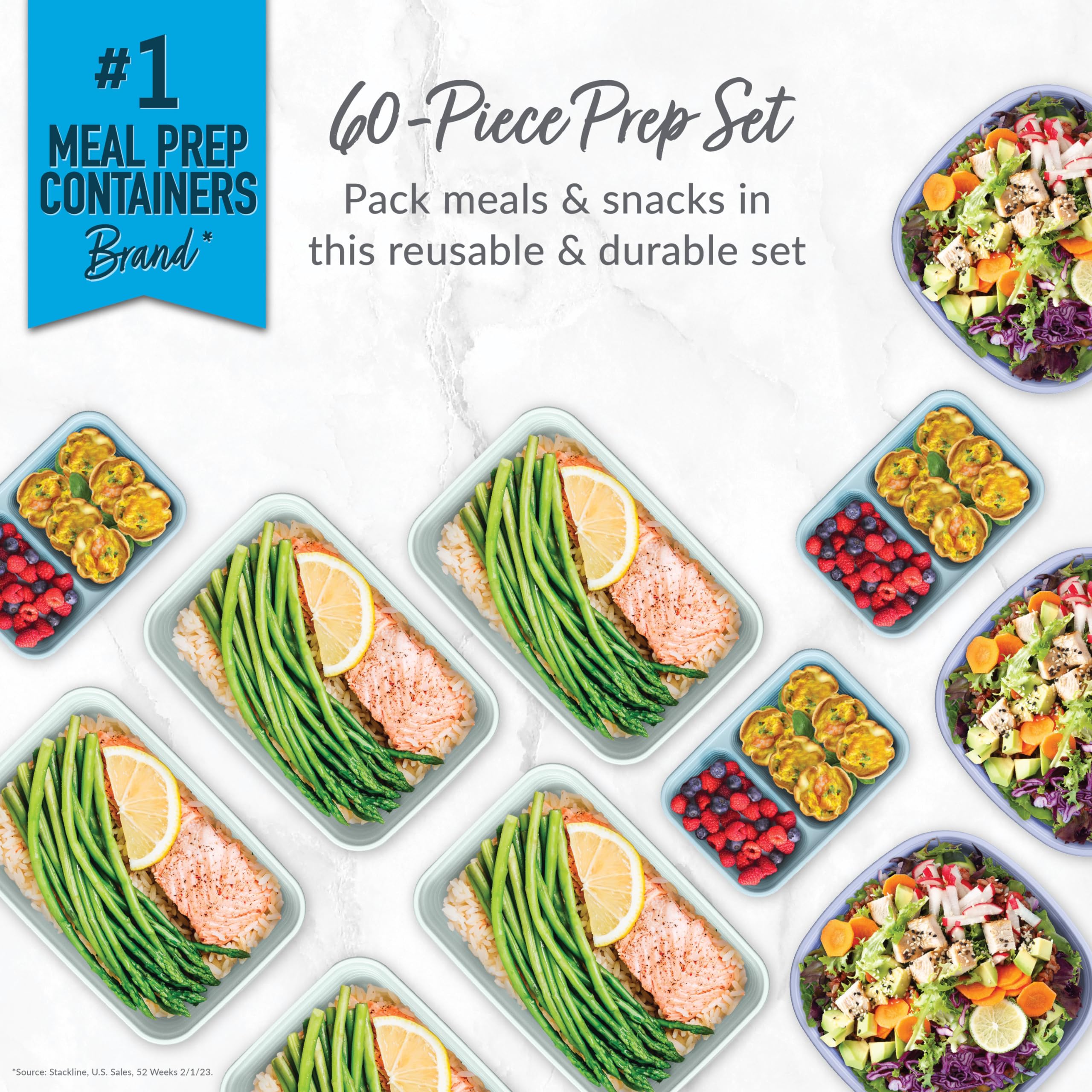 Bentgo® Prep 60-Piece Variety Meal Prep Kit - Reusable Food Containers 1-Compartment Trays, Prep Bowls, & Snack Boxes for Healthy Eating - Microwave, Freezer, & Dishwasher Safe (Floral Pastels)