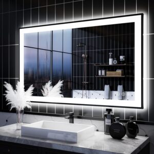 iskm led mirror for bathroom 40x24 inch, framed adjustable backlit and front lighted anti-fog wall mounted mirror with memory function, shatterproof and waterproof