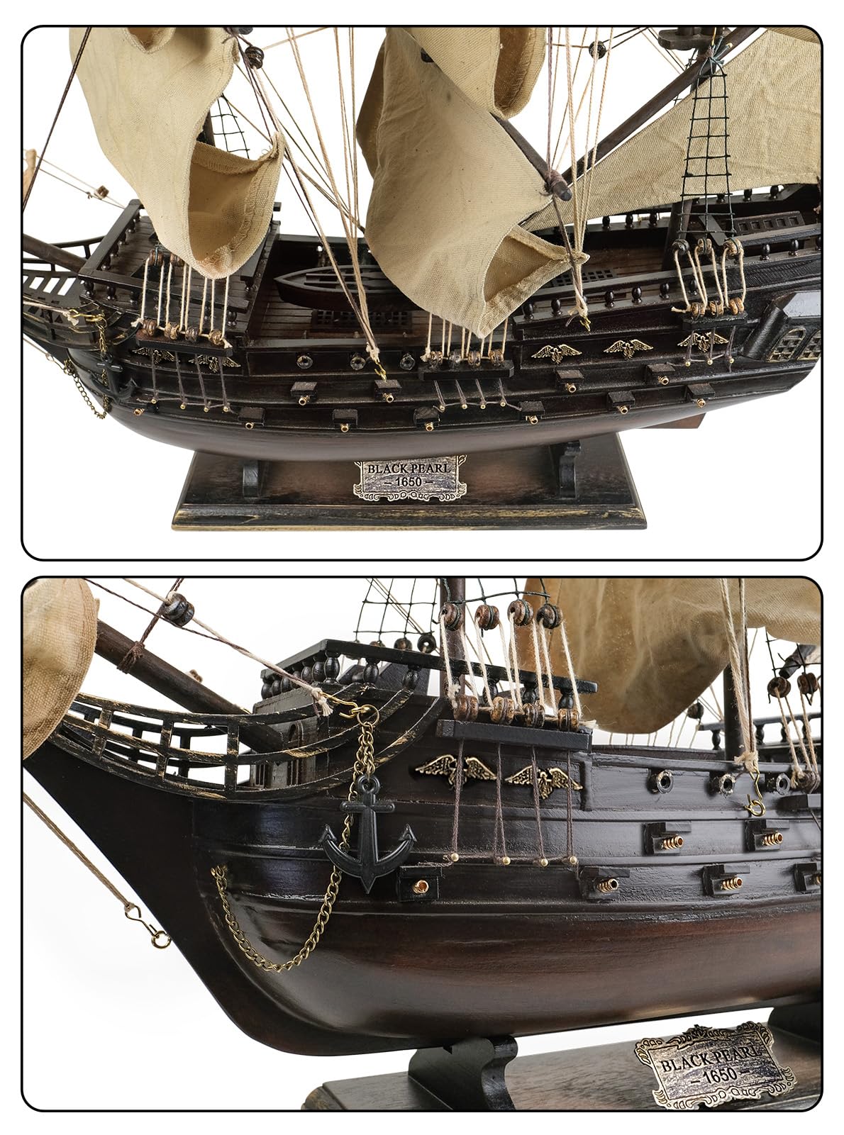 SAILINGSTORY Wooden Pirate Ship Model Black Pearl Model Ship Sailboat Decor Beige Sails 27"