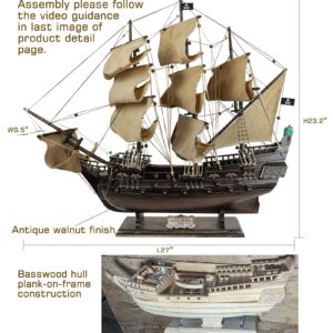 SAILINGSTORY Wooden Pirate Ship Model Black Pearl Model Ship Sailboat Decor Beige Sails 27"