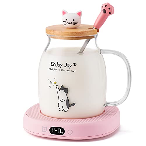 Bsigo Smart Coffee Mug Warmer & Cute Cat Glass Mug Set, Beverage Warmer for Desk Office, Cup Warmer Plate for Milk Tea Water with Time & Temperature Setting(Up to 140℉/ 60℃), 8H Auto Shut Off, Clear