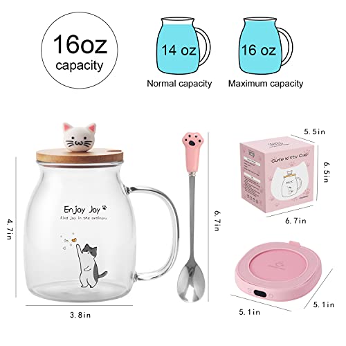 Bsigo Smart Coffee Mug Warmer & Cute Cat Glass Mug Set, Beverage Warmer for Desk Office, Cup Warmer Plate for Milk Tea Water with Time & Temperature Setting(Up to 140℉/ 60℃), 8H Auto Shut Off, Clear