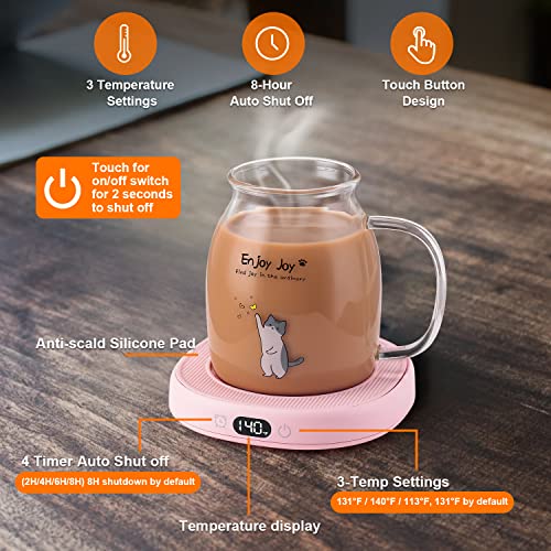 Bsigo Smart Coffee Mug Warmer & Cute Cat Glass Mug Set, Beverage Warmer for Desk Office, Cup Warmer Plate for Milk Tea Water with Time & Temperature Setting(Up to 140℉/ 60℃), 8H Auto Shut Off, Clear