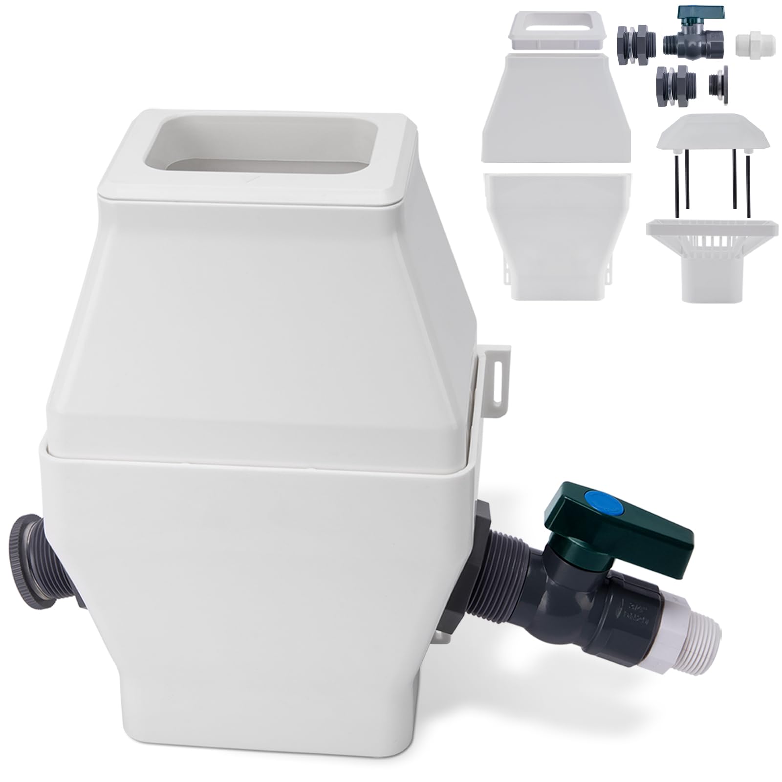 Rainwater Collection System, Rain Diverter for 2x3”and 3x4” Standard Downspouts, with PVC 3/4 Spigot and Filtration, White