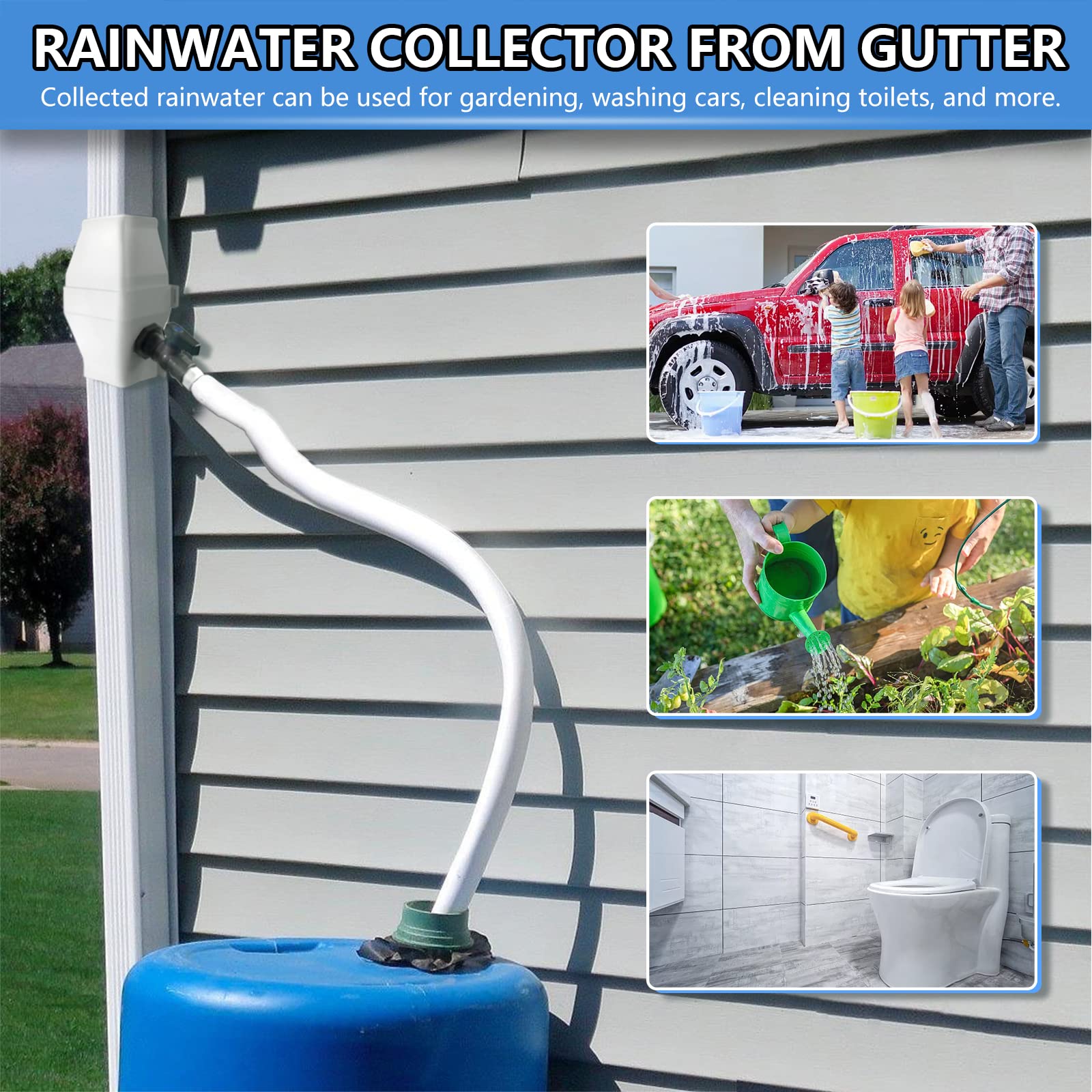 Rainwater Collection System, Rain Diverter for 2x3”and 3x4” Standard Downspouts, with PVC 3/4 Spigot and Filtration, White