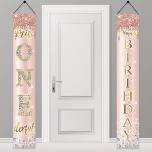 1st birthday decorations miss onederful happy birthday door banner for baby girls, first birthday porch sign party supplies, pink rose gold happy one year old birthday decor for indoor outdoor