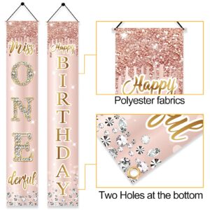 1st Birthday Decorations Miss Onederful Happy Birthday Door Banner for Baby Girls, First Birthday Porch Sign Party Supplies, Pink Rose Gold Happy One Year Old Birthday Decor for Indoor Outdoor