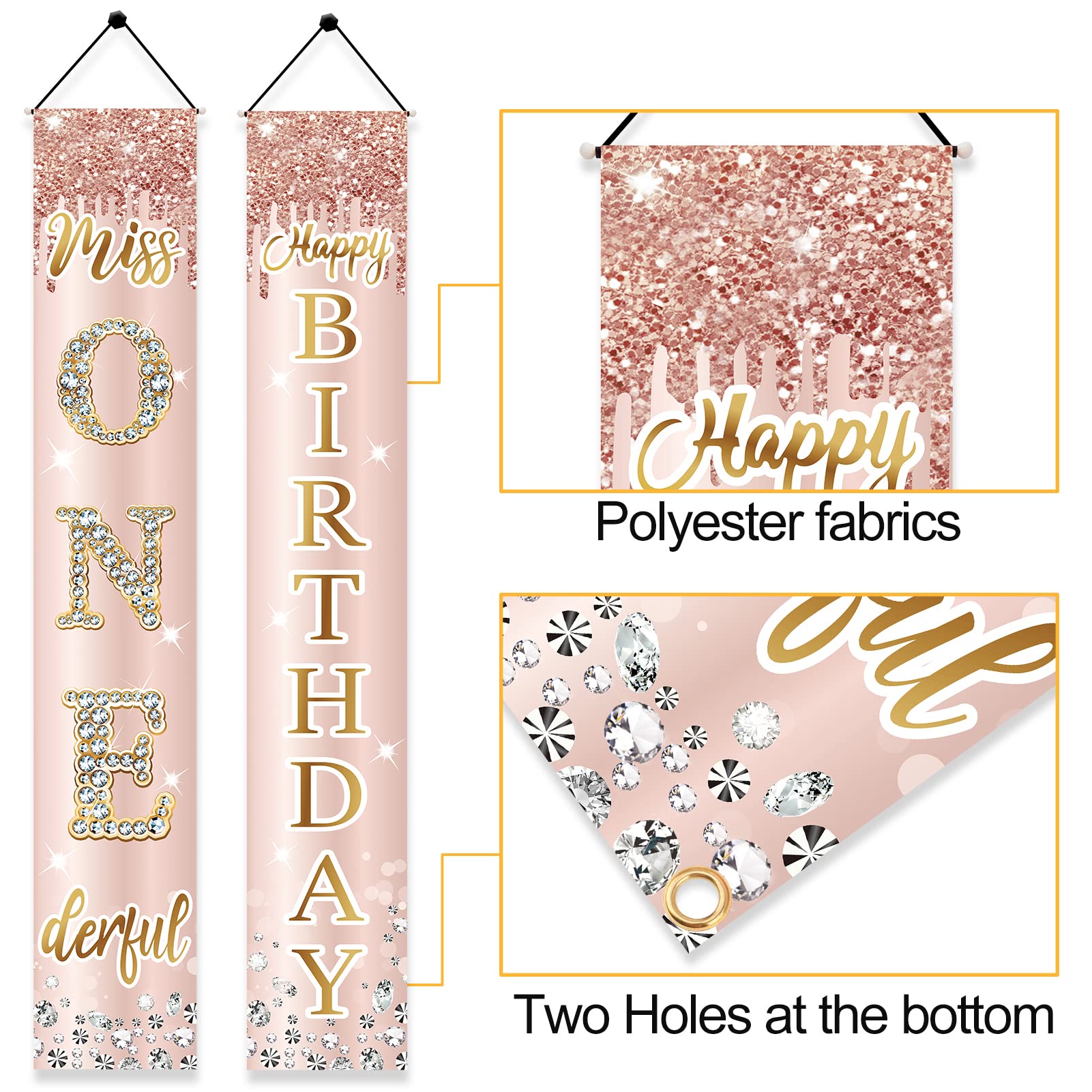 1st Birthday Decorations Miss Onederful Happy Birthday Door Banner for Baby Girls, First Birthday Porch Sign Party Supplies, Pink Rose Gold Happy One Year Old Birthday Decor for Indoor Outdoor