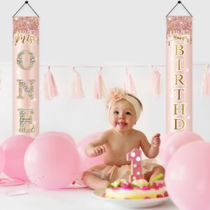 1st Birthday Decorations Miss Onederful Happy Birthday Door Banner for Baby Girls, First Birthday Porch Sign Party Supplies, Pink Rose Gold Happy One Year Old Birthday Decor for Indoor Outdoor