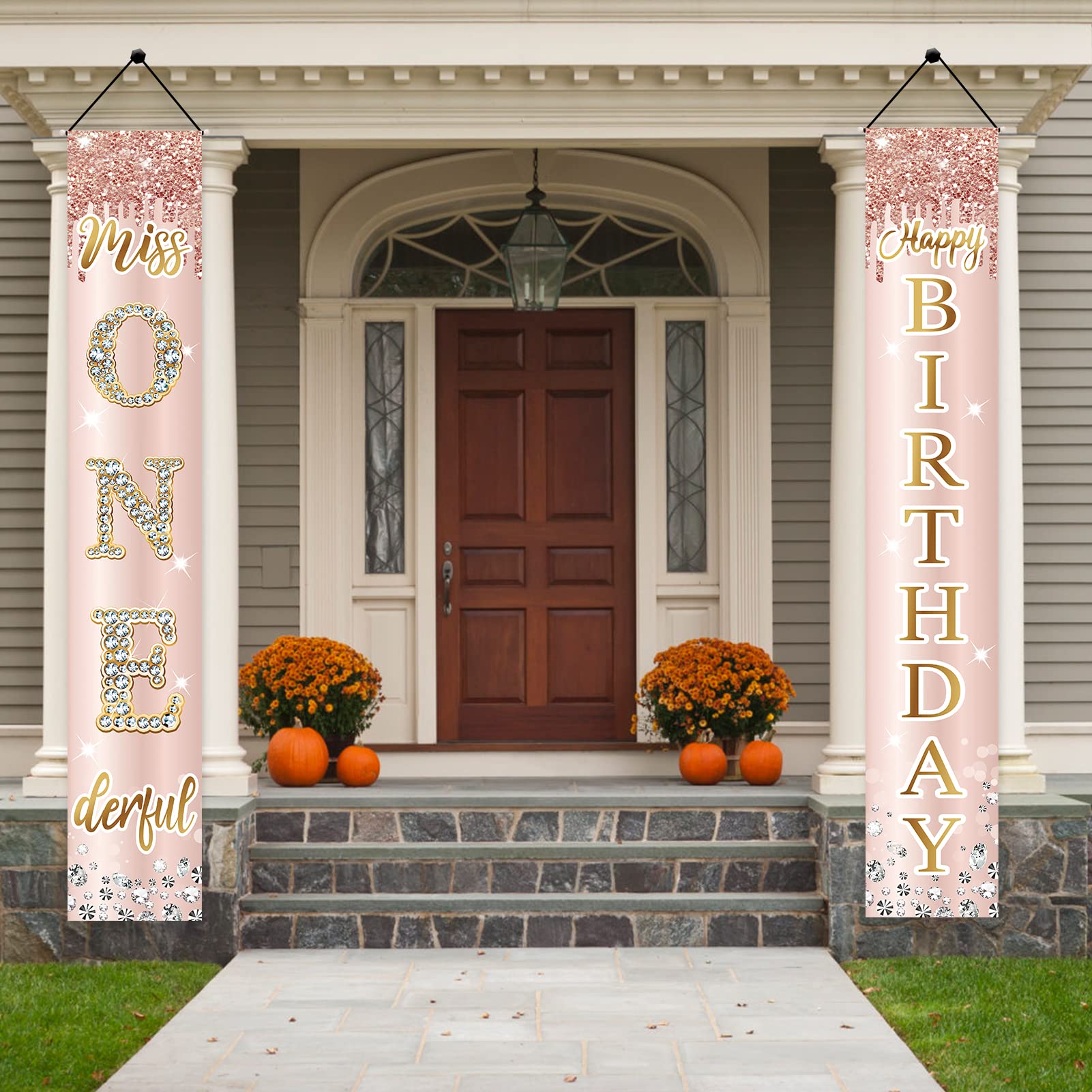 1st Birthday Decorations Miss Onederful Happy Birthday Door Banner for Baby Girls, First Birthday Porch Sign Party Supplies, Pink Rose Gold Happy One Year Old Birthday Decor for Indoor Outdoor