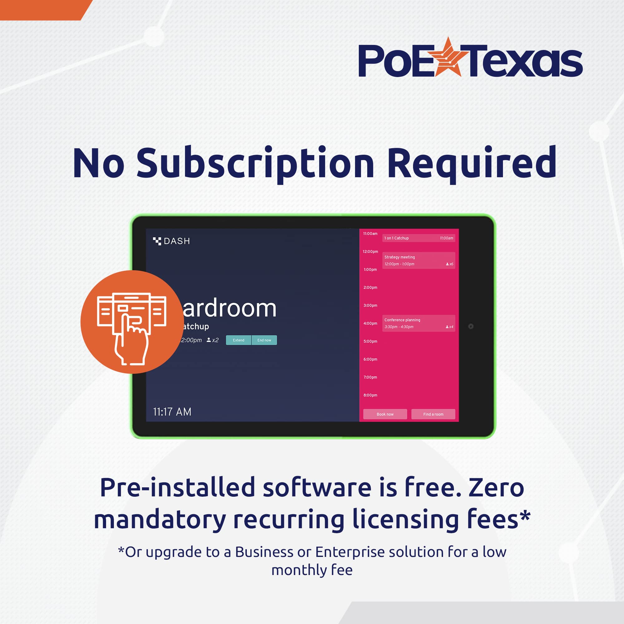 PoE Texas 10" Touchscreen Meeting Room Scheduler Tablet with Highly Visible LED Ring - Plug & Play PoE Office Conference Room Scheduler - Digital Display Syncs with Existing Business Calendar